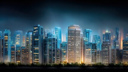 Fototapeta premium Futuristic City Night Skyline with Illuminated Buildings