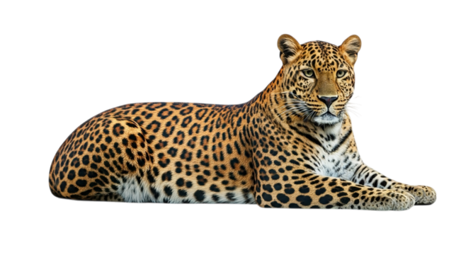 A leopard resting with its distinctive spotted coat against a stark black background in a relaxed pose