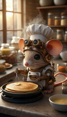 Obraz premium A charming steampunk mouse chef robot, made of polished brass and copper parts, with tiny mechanical limbs and gears. It’s cooking pancakes in a vintage kitchen, blending cuteness with retro-futuristi
