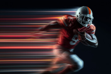 A football player is running with a football in his hand. The image is in black and white and has a blurred effect