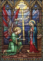 Fototapeta premium Ave Maria Annunciation Scene with Virgin Mary and Angel in Stained Glass