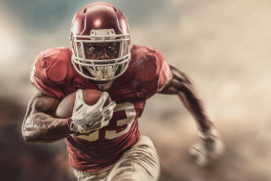 A football player wearing a red jersey and helmet is running with a football. Concept of action and intensity, as the player is in the midst of a game