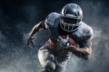 A football player is running with a football in his hand. The image has a mood of excitement and intensity, as the player is in the middle of a game and is focused on the ball