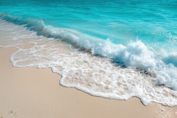 A scenic view of turquoise ocean waves crashing onto a sandy beach on a bright sunny day near the shore