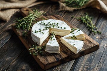 Brie cheese with thyme sprigs on a wooden board with burlap in a rustic setting close up view
