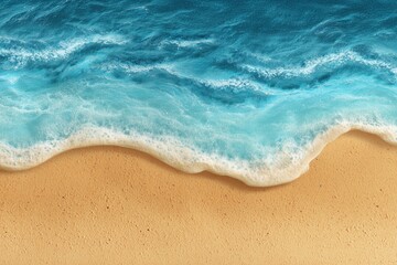 Aerial view of ocean waves washing up on a sandy beach with turquoise water and white foam edge