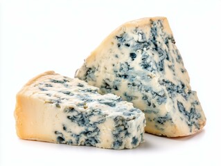 Two wedges of blue cheese with mold spots on a white background in a studio food photography shot