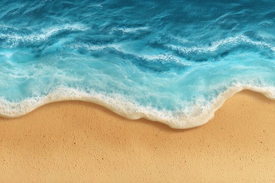 Aerial view of ocean waves washing up on a sandy beach with turquoise water and white foam edge