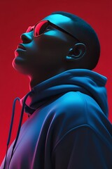 Futuristic portrait of a black young man looking up wearing sunglasses and a hoodie, standing in profile against a red background.