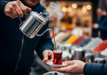 Vendor Pouring Steaming Turkish Tea for a Customer