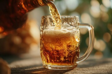 Pouring beer into a glass mug with a handle creating foam on a wooden table in a blurred setting