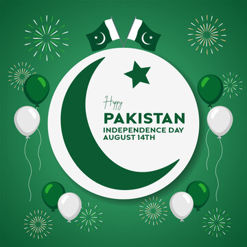 Happy Pakistan Independence Day August 14th with cresent moon star balloon fireworks on isolated background