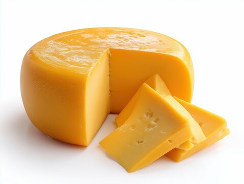 A wheel of bright yellow cheese with a wedge missing and slices on a white background studio shot