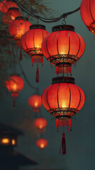 Obraz premium Red lantern hanging outdoors at night