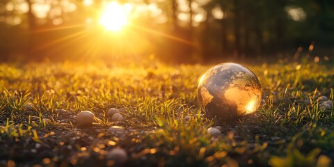 Golden Earth Globe at Sunset in Grass Nature Photography