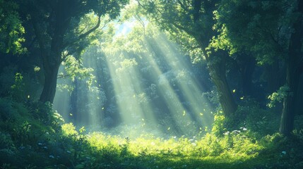 Obraz premium Sunbeams pierce lush forest