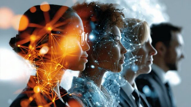 Visionary Collective: An empowered ensemble of professionals, faces etched with determination, navigate the dynamic intersection of future technology. Capturing innovation and vision.