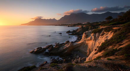 Sunset over mountains and water with a peaceful coastal landscape