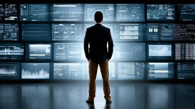 Visionary Control: A silhouette of a person stands before a futuristic control room, a tableau of screens displaying complex data and insights, ready to analyze.
