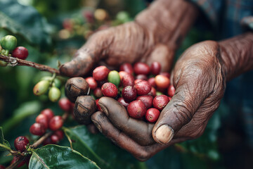 A person is holding a bunch of red berries in their hands. The berries are ripe and ready to be picked. Concept of abundance and the joy of harvesting fresh produce