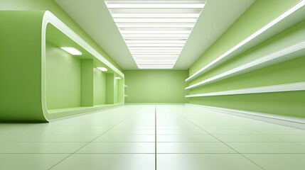 Obraz premium A vibrant modern empty store with green interior. The interior design is sleek and minimalist with a bright ceiling