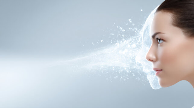 Woman face blends with digital representation, symbolizing fusion of traditional skincare and biotechnology. image conveys innovation and modern beauty technology