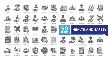 Health and safety solid icon set collection. This set includes trust, labor, retirement, policy, contract, insurance, factory and more icons in 
solid style. Vector icons collection for infographics