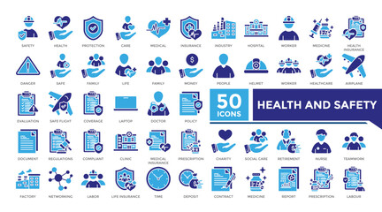 Health and safety icon solid two color set collection. This set includes labor, retirement, policy, contract, insurance, factory and more icons in 
solid style. Vector icons collection for infographic