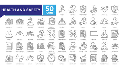 Health and safety lineal icon set collection. This set includes trust, labor, retirement, policy, contract, insurance, factory and more icons in 
lineal style. Vector icons collection for infographics