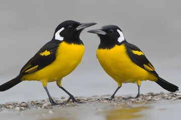 Obraz premium Vibrant Yellow and Black Birds on Ground, Closeup