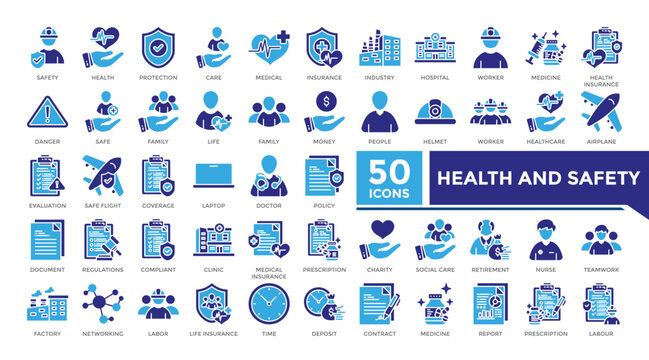 Health and safety icon solid two color set collection. This set includes labor, retirement, policy, contract, insurance, factory and more icons in 
solid style. Vector icons collection for infographic