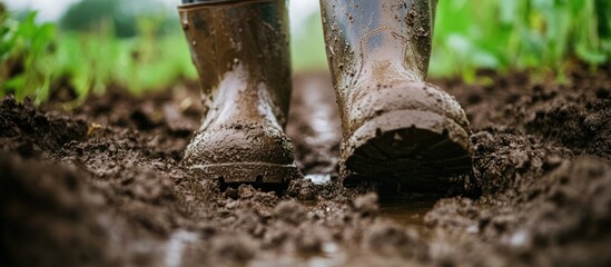 Muddy work boots traversing a wet, dark brown dirt field.