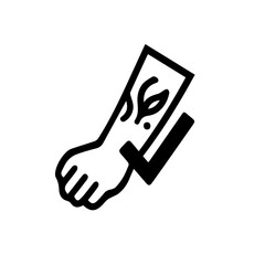 Obraz premium A black‑and‑white linear‑style icon of a forearm with visible tattoo lines and a checkmark, symbolizing “tested on tattooed skin.” 