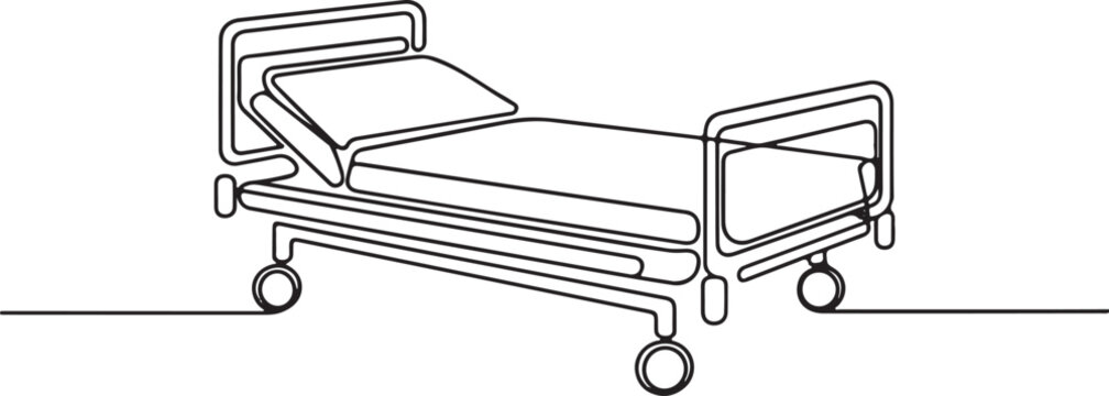 Hospital bed continuous single line drawing in minimalist black and white style with wheels and side rails on a clean white background

