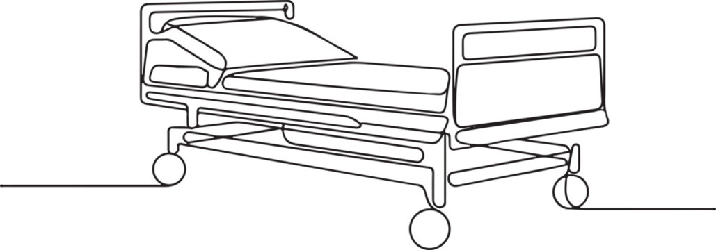 Hospital bed continuous single line drawing in minimalist black and white style with wheels and side rails on a clean white background

