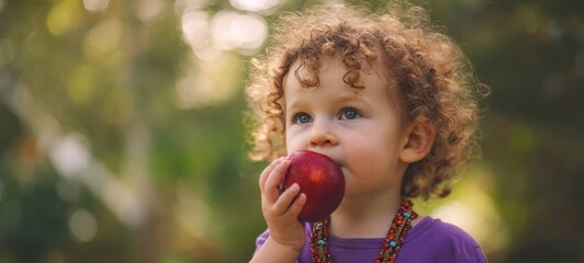 The young child delightfully enjoying a fresh apple in nature.