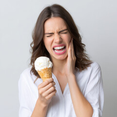 Young woman in white shirt grimaces while holding ice cream cone, possibly experiencing tooth sensitivity