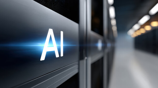 AI core glowing in dark server room, showcasing high tech setting with futuristic elements and sleek design. atmosphere is advanced and innovative