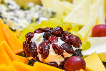 Savory goat cheese coated in vibrant dried cranberries on a mixed cheese board, ideal for gourmet...