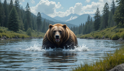 big brown bear in water 4k pc wallpaper