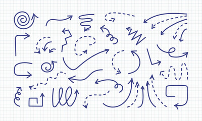Obraz premium Hand drawn sketchy blue pen Arrows set. Ink pointers elements on school notebook sheet. Brush editable stroke. Dot lines icons collection. Infographic doodle cursor for poster banner card.