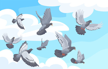 Pigeons flock. Flying doves group in blue sky cartoon background, pigeon flight cloud nature outdoor landscape city birds feather wings freedom concept, neat vector illustration