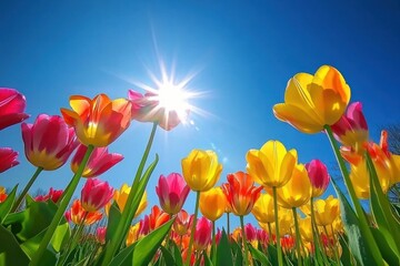 Fototapeta premium Yellow tulips sky flowers nature.