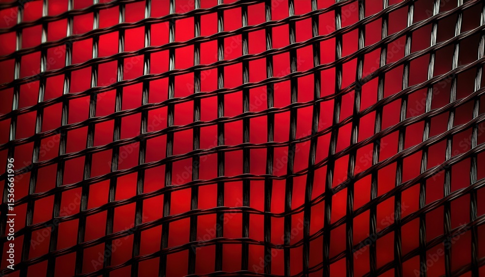 Poster abstract twisted black wire grid pattern over vibrant red gradient background with geometric mesh de
