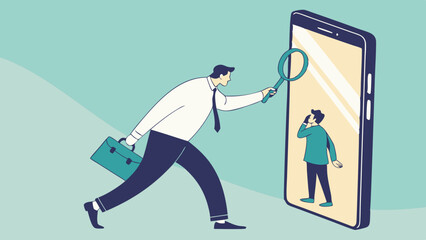 Curiosity businessman examining smaller figure emerging from smartphone,