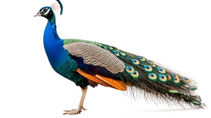 Obraz premium Majestic Indian Peacock Displaying Vibrant Plumage Against White Background