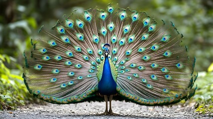 Obraz premium Majestic Indian Peacock Displaying its Vibrant Plumage Outdoors in Nature