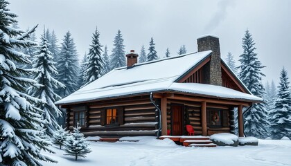 Cozy log cabin nestled amongst snow-covered pine trees, smoke curling from its chimney, forest, white