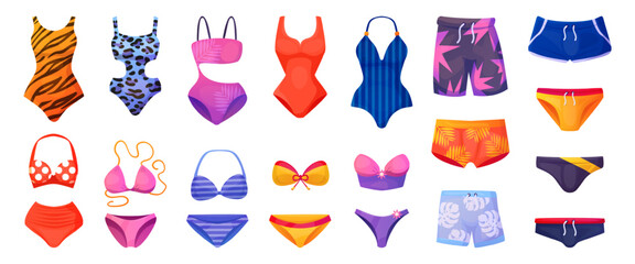 Cartoon swim underwear. Swimsuit and swimming trunks, male female swimwear women bikini men pants shorts swim summer beach clothes beachwear collection swanky vector illustration