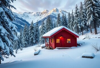 Cozy red cabin nestled in a snow-covered winter forest, majestic mountains in background,  snowy,  forest